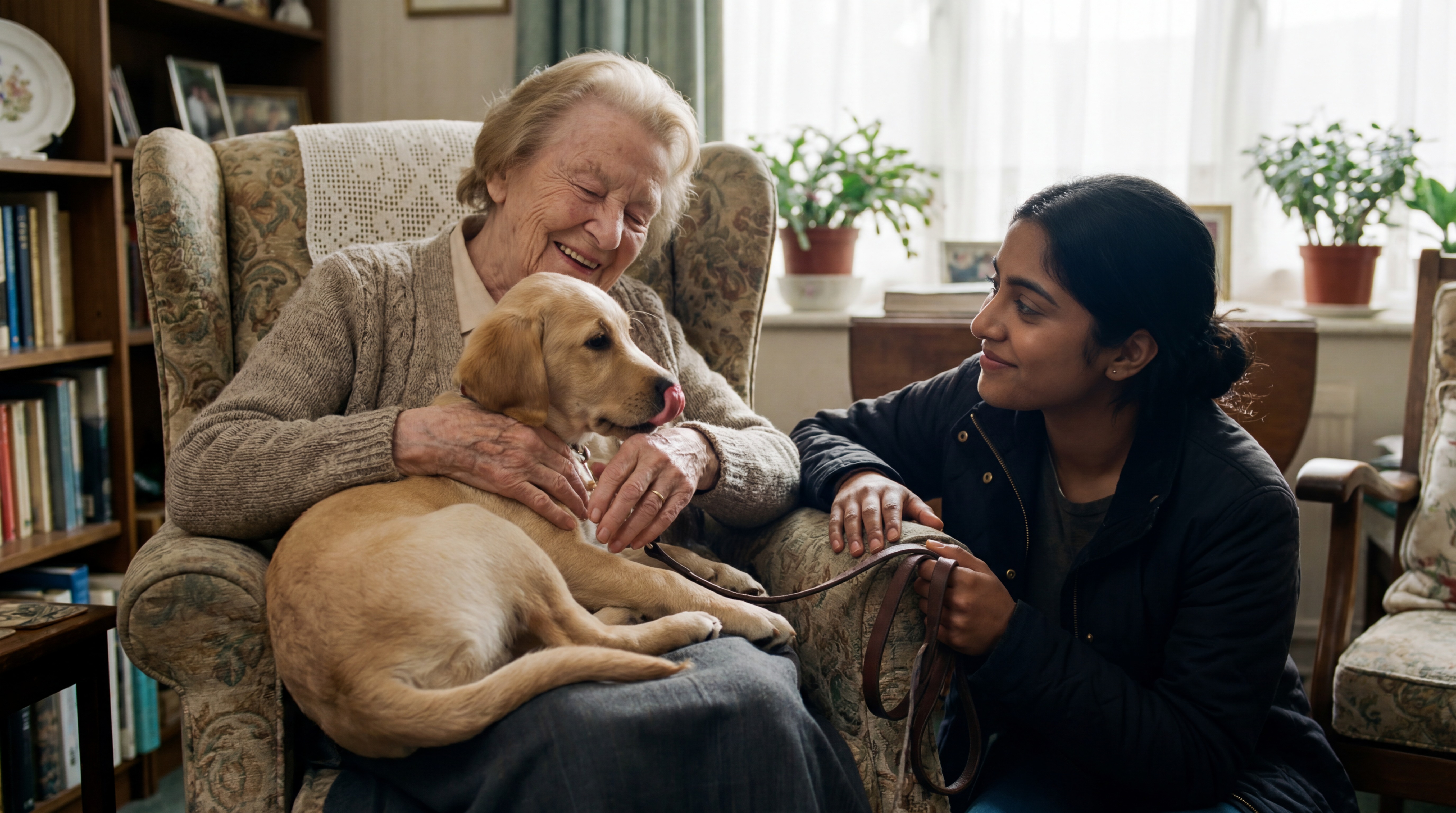 Elderly woman with her dog and companion