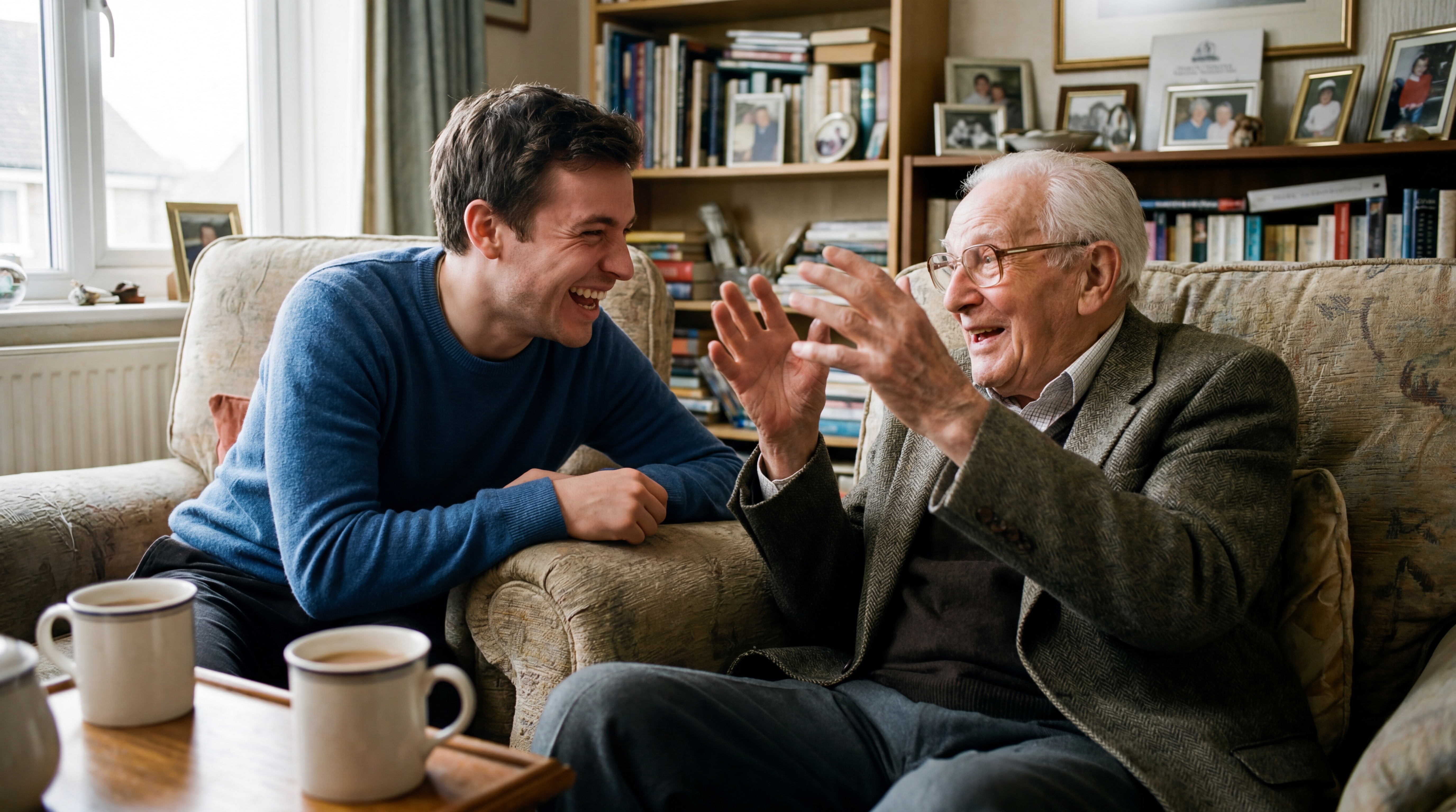 Young companion sharing a joyful moment with an elderly man at home